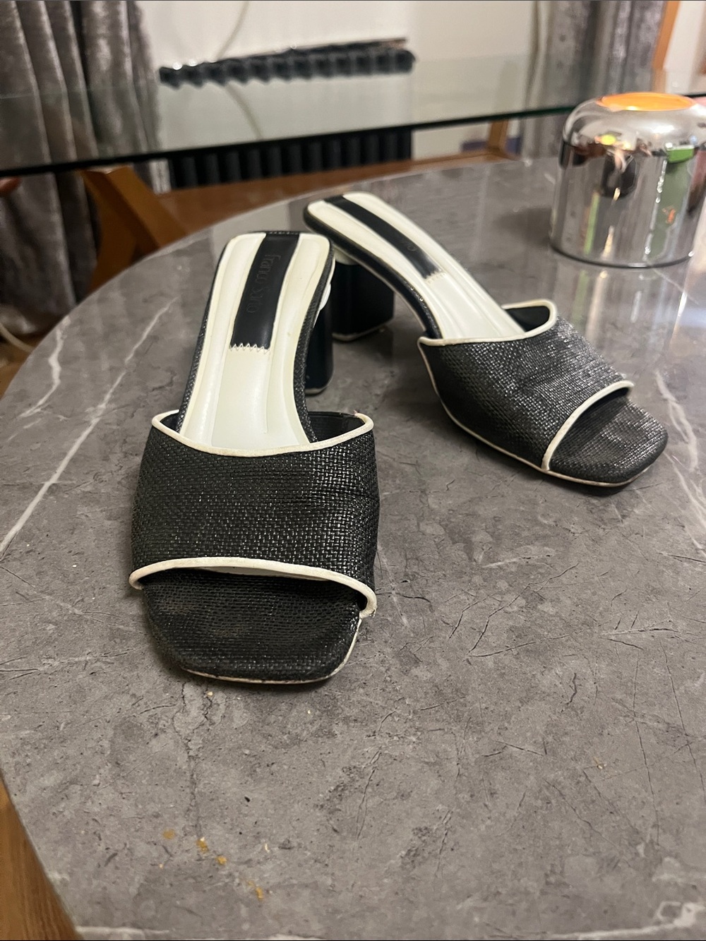 Franco Sarto Black Mules with White Trim